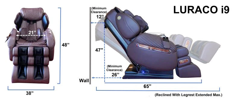 Luraco i9 Max Plus dimensions: 48 in tall, 38 in wide, 65 in long upright, 87 in long fully reclined