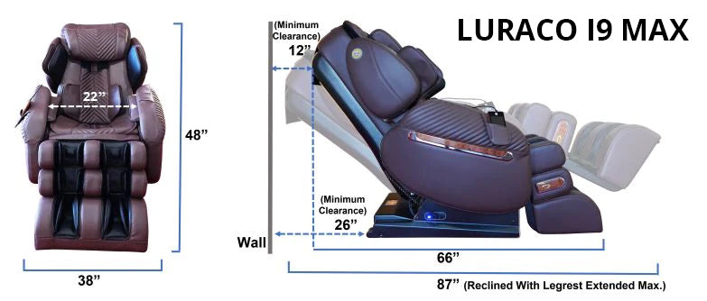 Luraco i9 Max Plus dimensions: 48 in tall, 38 in wide, 65 in long upright, 87 in long fully reclined