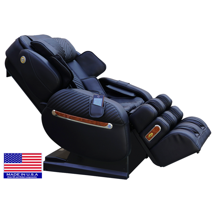 Luraco i9 Max Plus massage chair in Black, reclined, three-quarter view