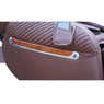 Close-up of the wood-accent armrest trim and phone pocket on the Luraco i9 Max Plus massage chair in brown leather – photo 7